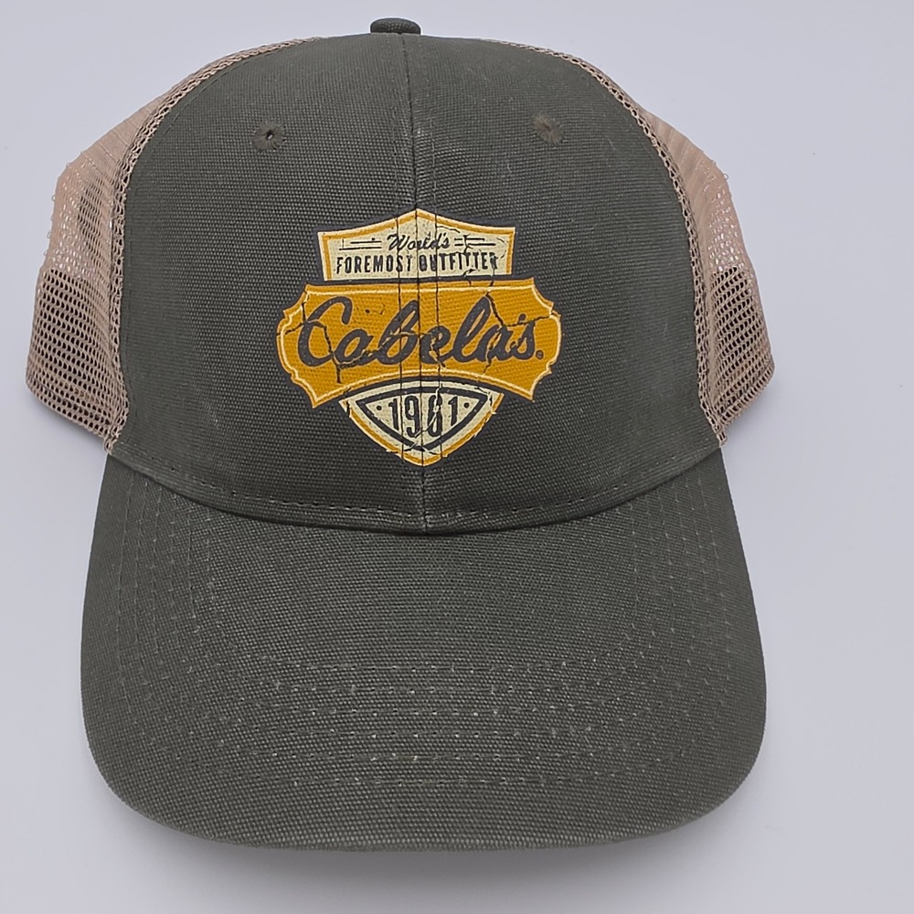 Cabelas Mens Trucker Hat Olive Green Tan Mesh Back Snapback Cap 1961 Logo OSFM